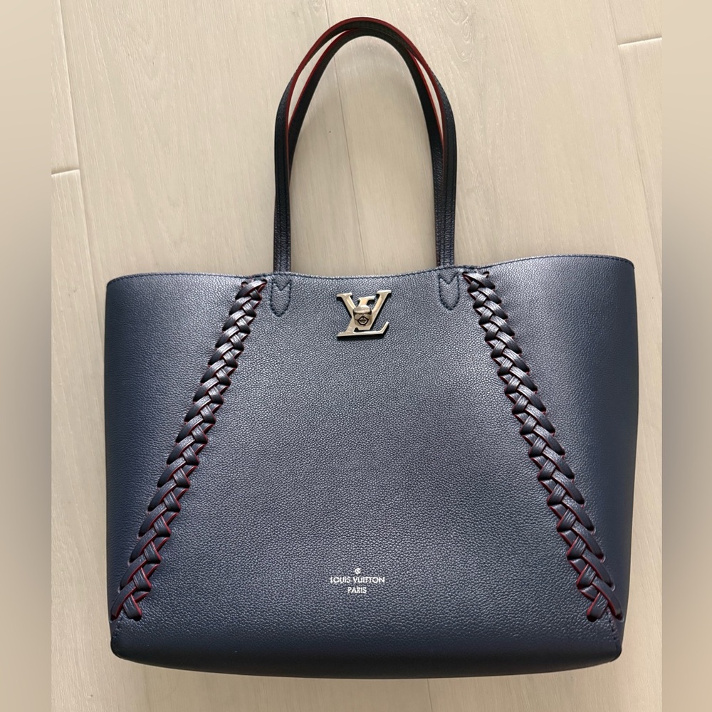 Louis Vuitton Lock Me tote in Cabas Bleu & Rouge braided trim suede interior.